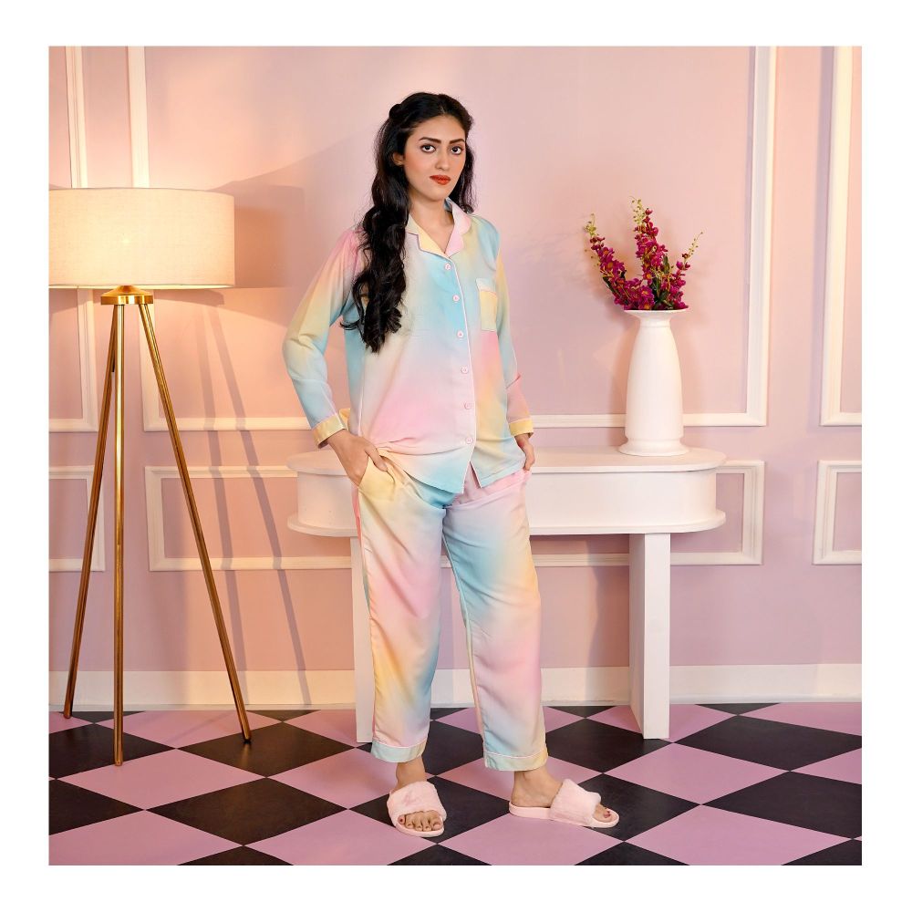 Basix Women's Digital Crepe Loungewear Set, Pink, Turquoise & Lemon, LW-652