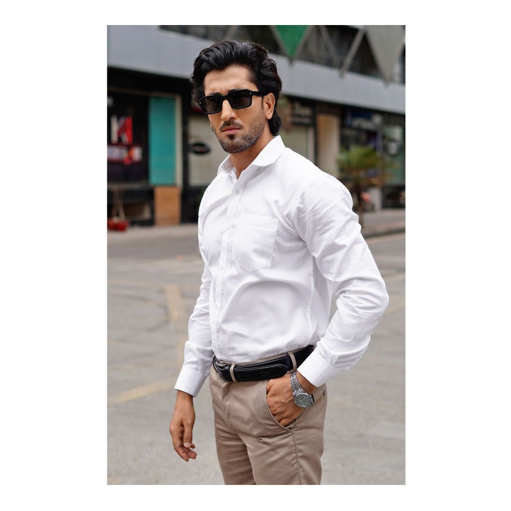 Basix Men's Cotton Wrinkle-Resistant Self Stripe Shirt, White, MFS-113