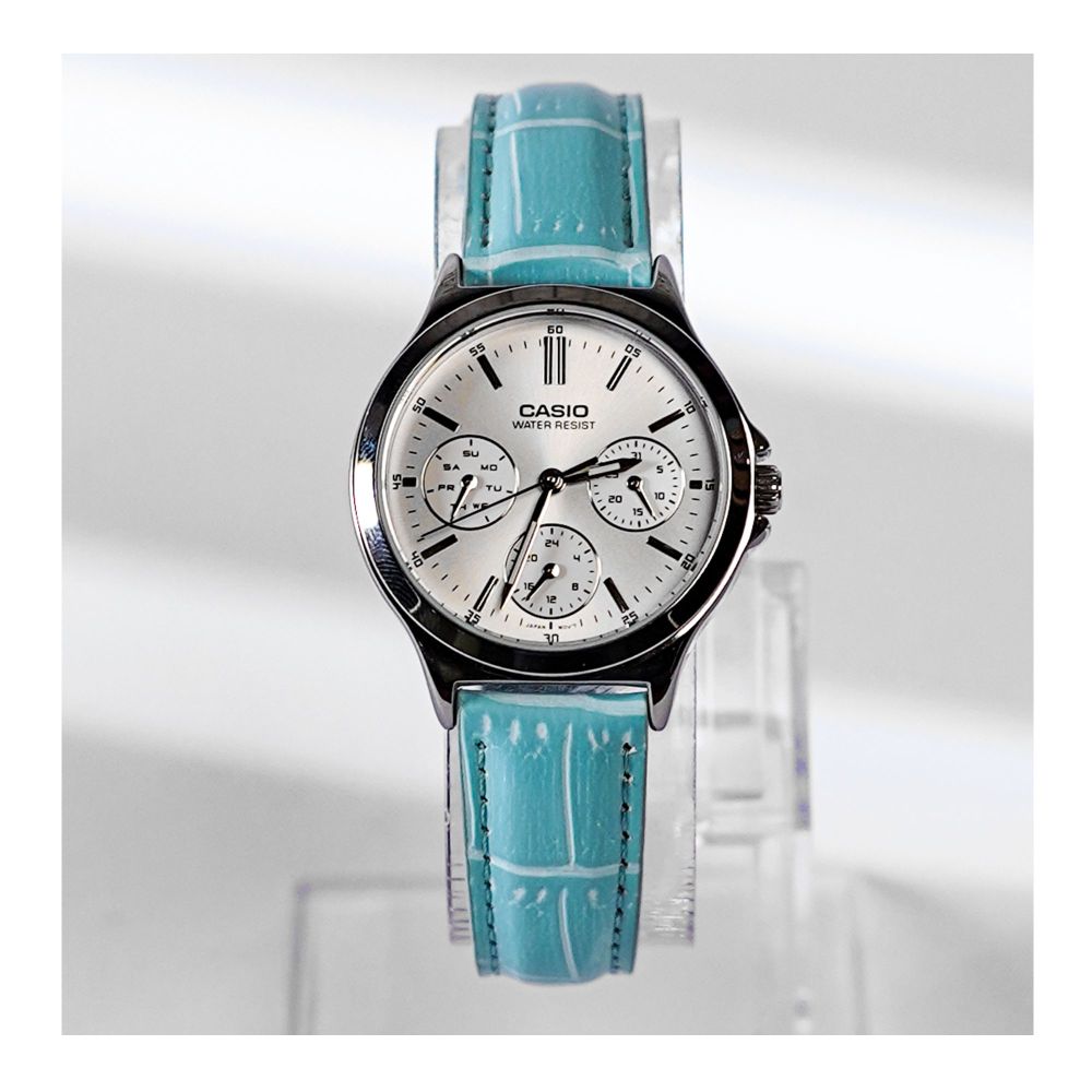 Casio Women's Analog Multi-Hands Dress Watch, Blue Leather Band, LTP-V300L-2AUDF
