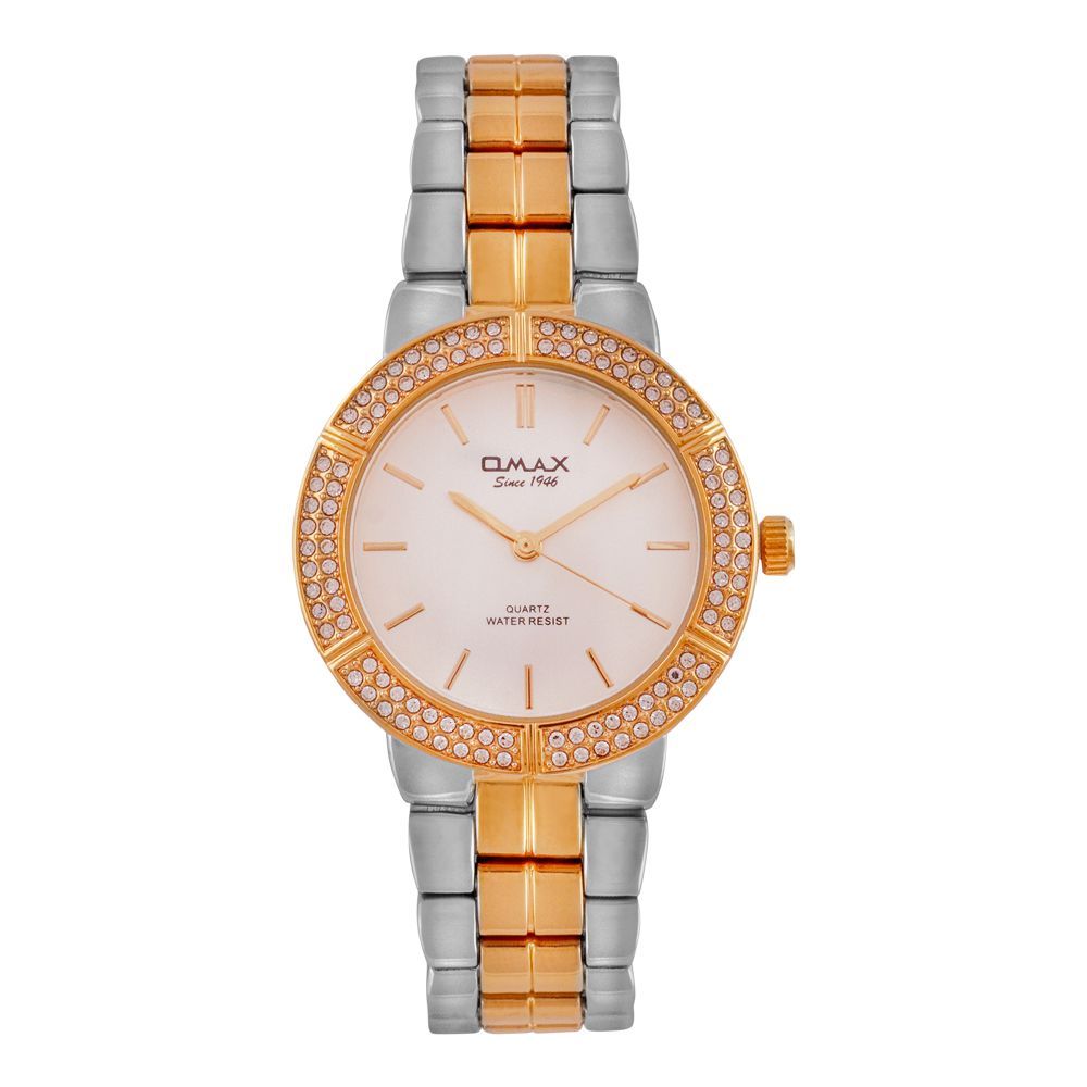 Omax Women's Designed Round Dial With Rose Pink Background & Two Tone Bracelet Analog Watch, JED208N028