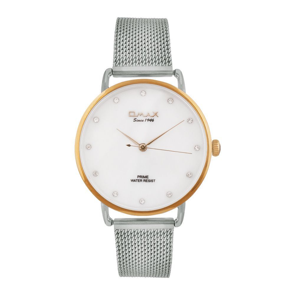 Omax Women's Prime White Round Dial With Silver Bracelet Analog Watch, PMM01T66I