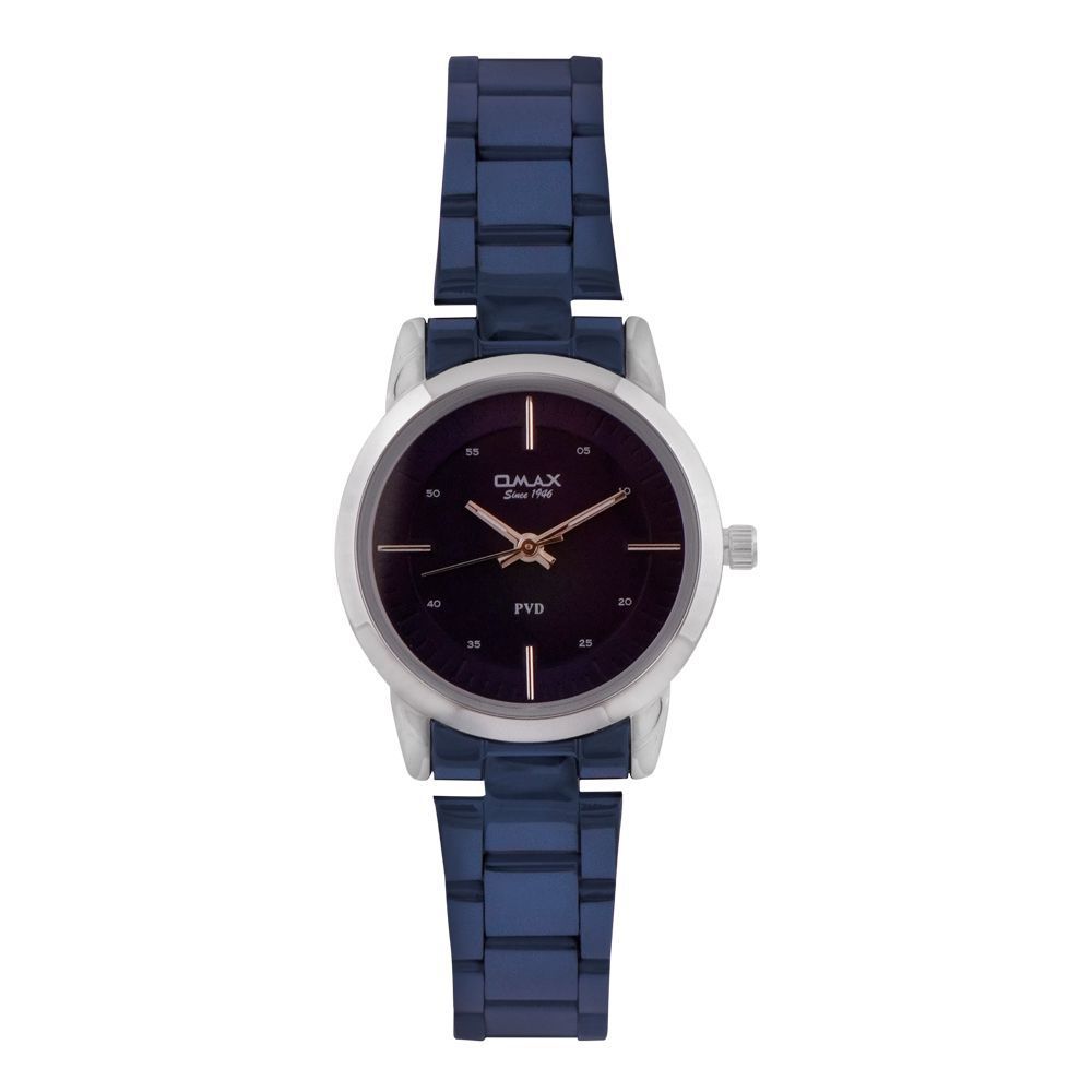 Omax Women's PVD Chrome Round Dial With Black Background & Navy Blue Bracelet Analog Watch, ALS002IU04