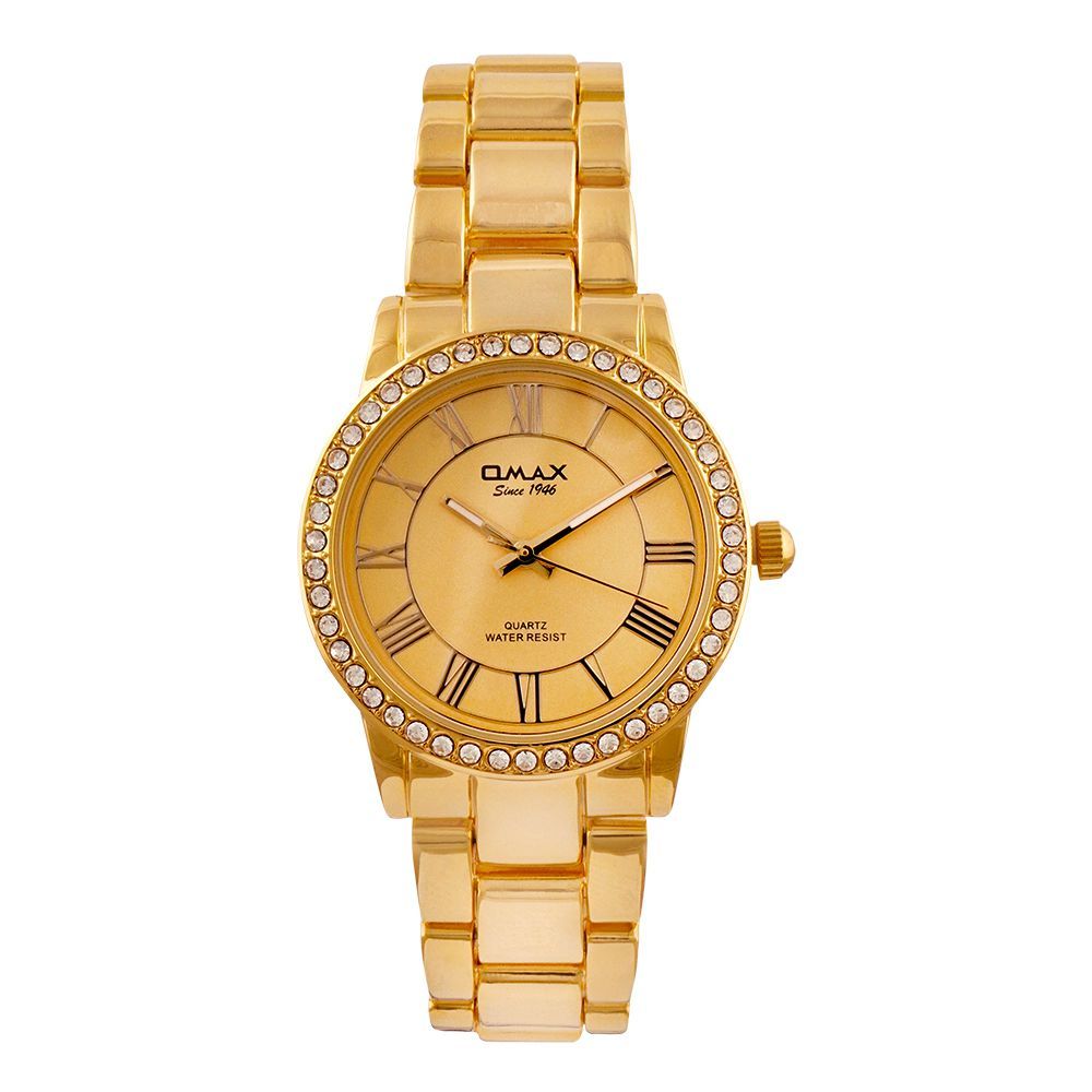 Omax Women's Designed Round Golden Dial With Bracelet Analog Watch, JED022G001