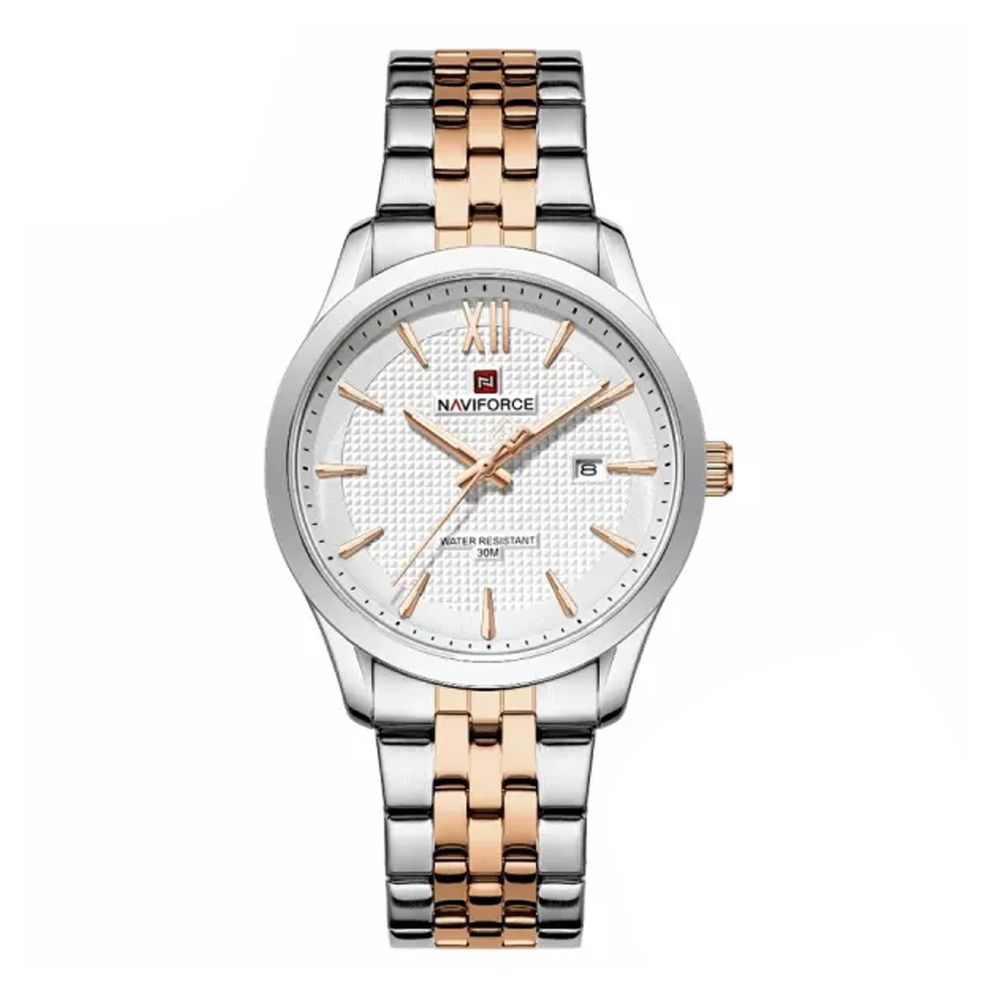 Naviforce Date Master Men's Analog Watch With Gray Dial & Stainless Steel Chain, NF9255 S/W/RG