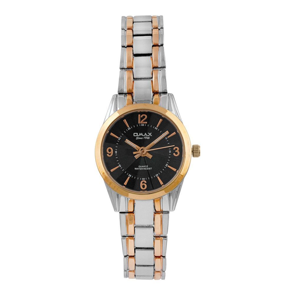 Omax Women's Golden Round Dial With Black Background & Two Tone Bracelet Analog Watch, CGH010N012