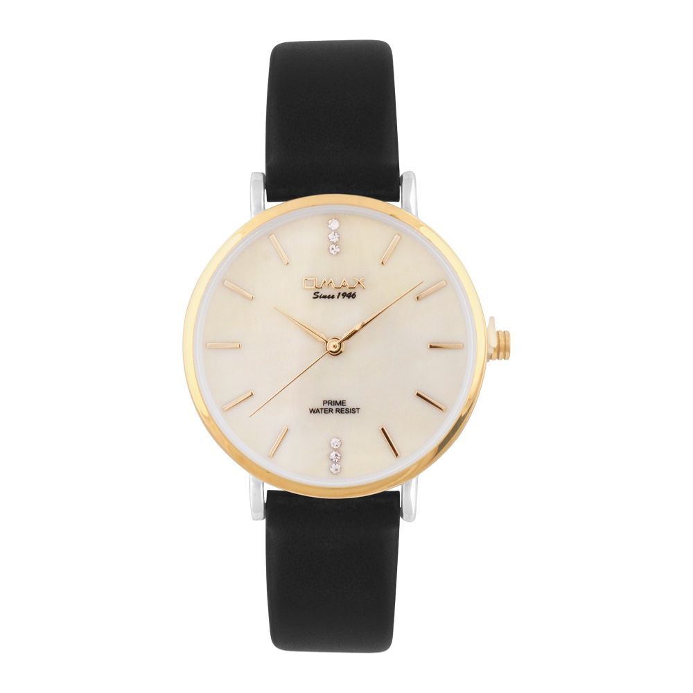 Omax Women's Prime Off White Round Dial With Black Plain Strap Analog Watch, PM002T12I