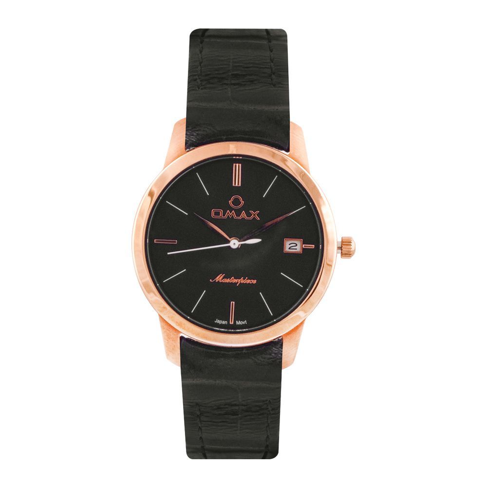 Omax Women's Rose Gold Round Dial With Black Background & Plain Black Strap Analog Watch, ML01R44I