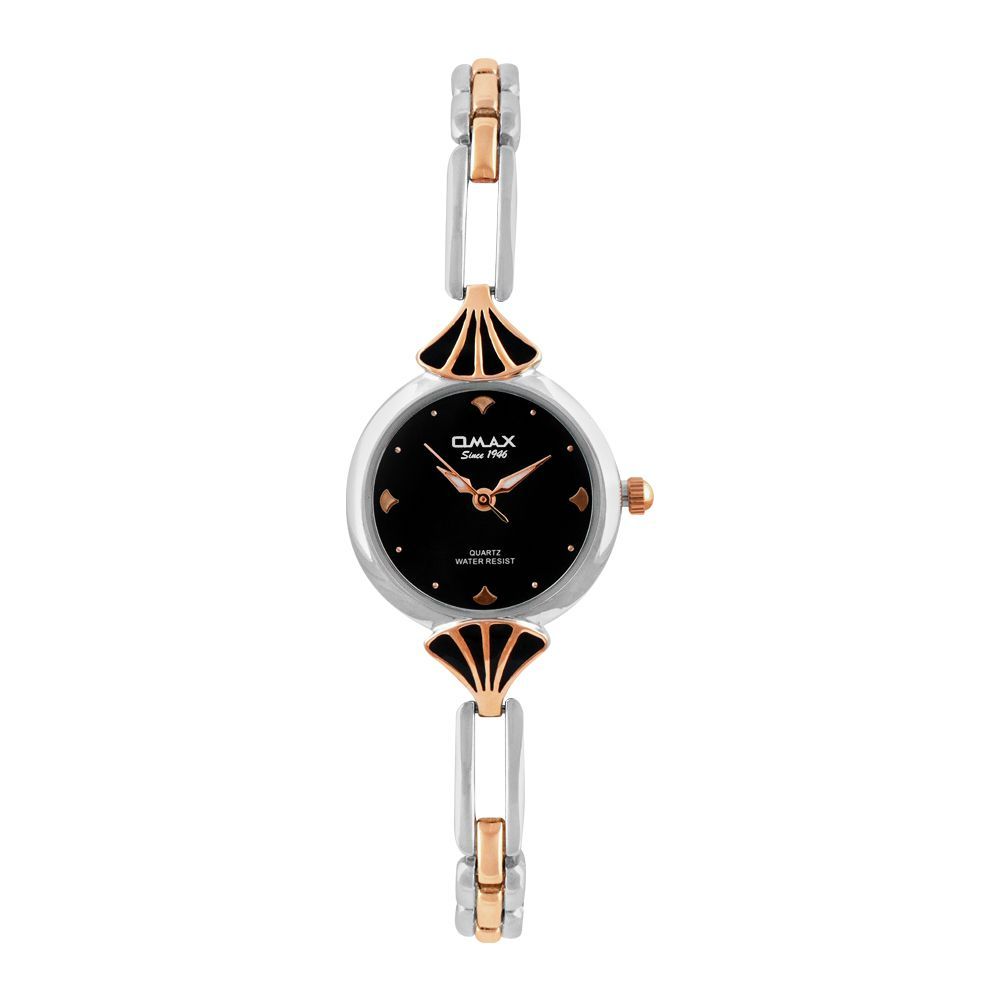 Omax Women's Floral Designed Chrome Round Dial With Black Background & Chain Analog Watch, JJL850N004