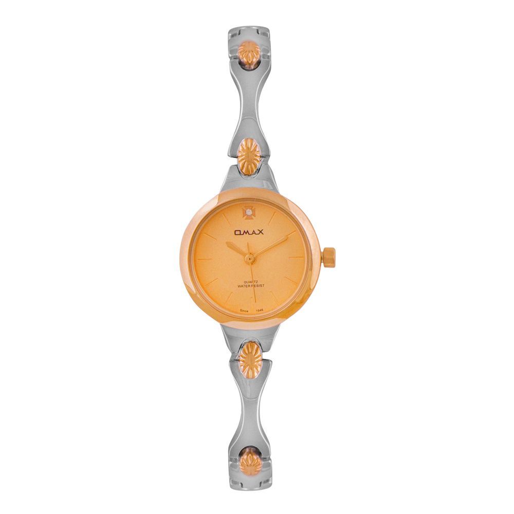 Omax Women's Golden Round Dial With Floral Designed Chain Analog Watch, JJL854N00F
