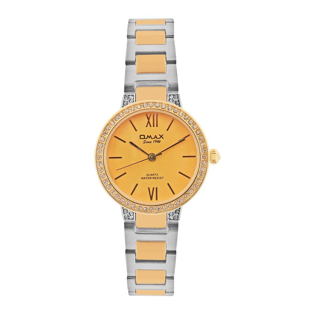 Omax Women's Golden Designed Round Dial With Two Tone Bracelet Analog Watch, JED214N011