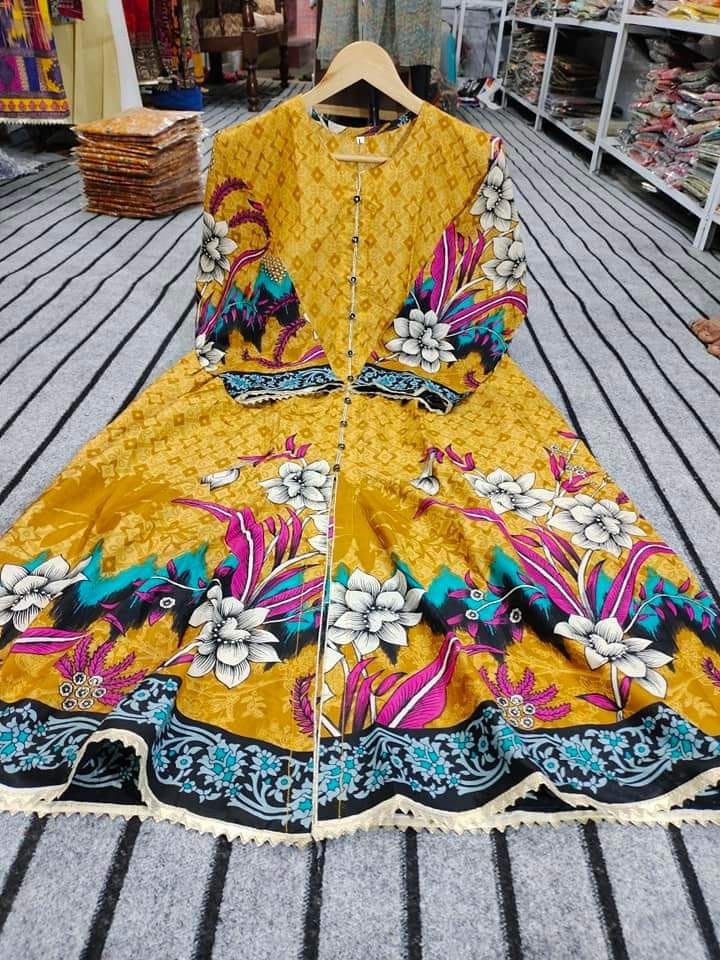 Yellow Stitched Front open Long Maxi Lawn New Arrival 2023