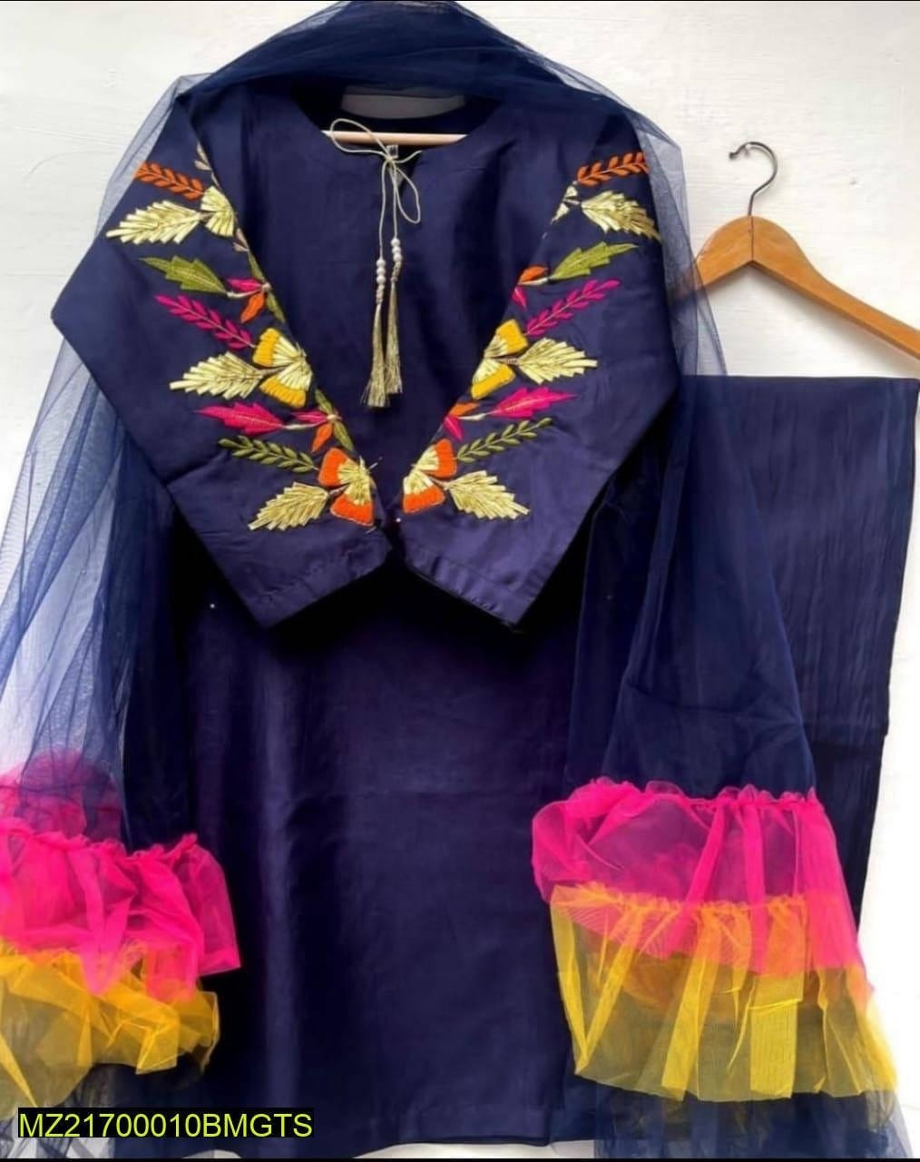 Blue 3Pcs Katan Silk Suit