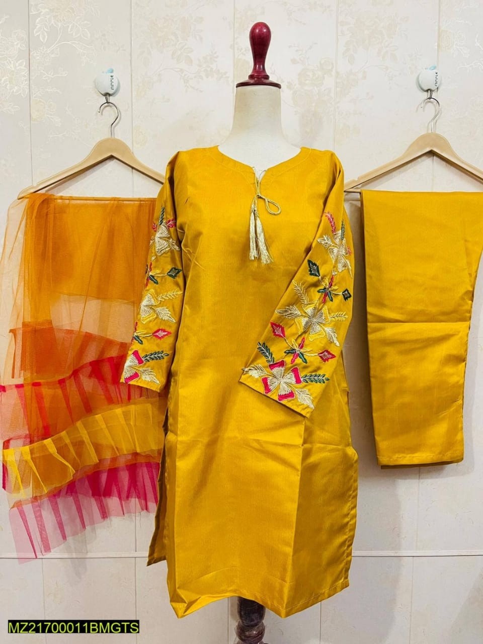 Yellow 3Pcs Katan Silk Suit