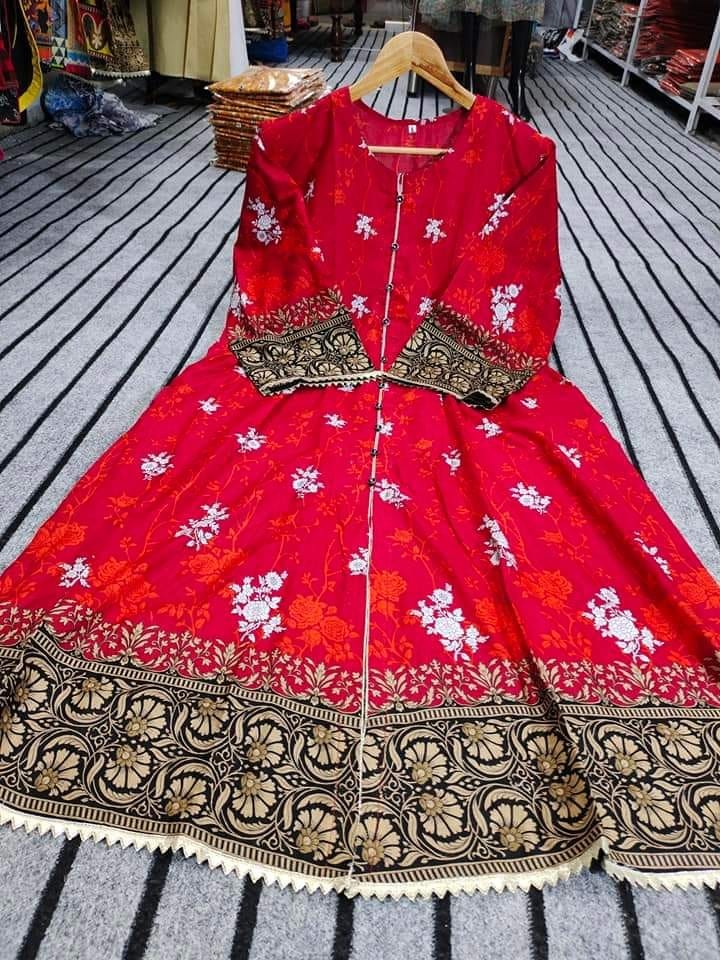 RED Stitched Front open Long Maxi Lawn New Arrival 2023